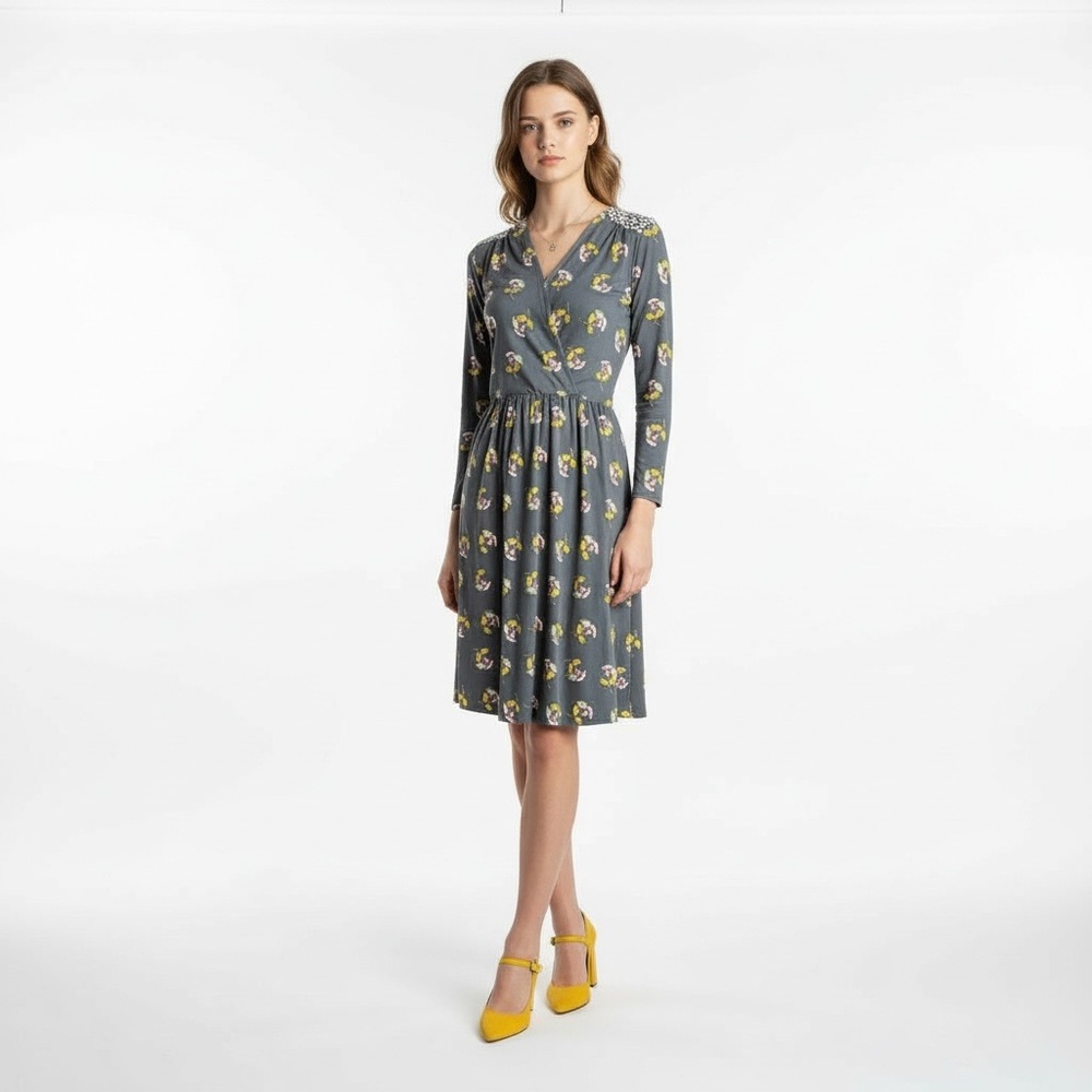 NWOT Boden Gray and Yellow Midi Sundress with Long Sleeves and V-Neck